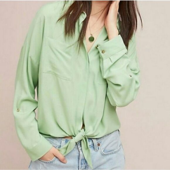 Anthropologie Maeve Green Sandbridge Button Front Top Blouse Women’s Medium - Picture 1 of 4